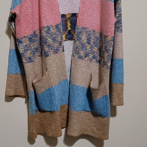 Love and Harmony Blue Brown Multicolored Cardigan Open Front Sweater Sz M/L - Picture 6 of 9